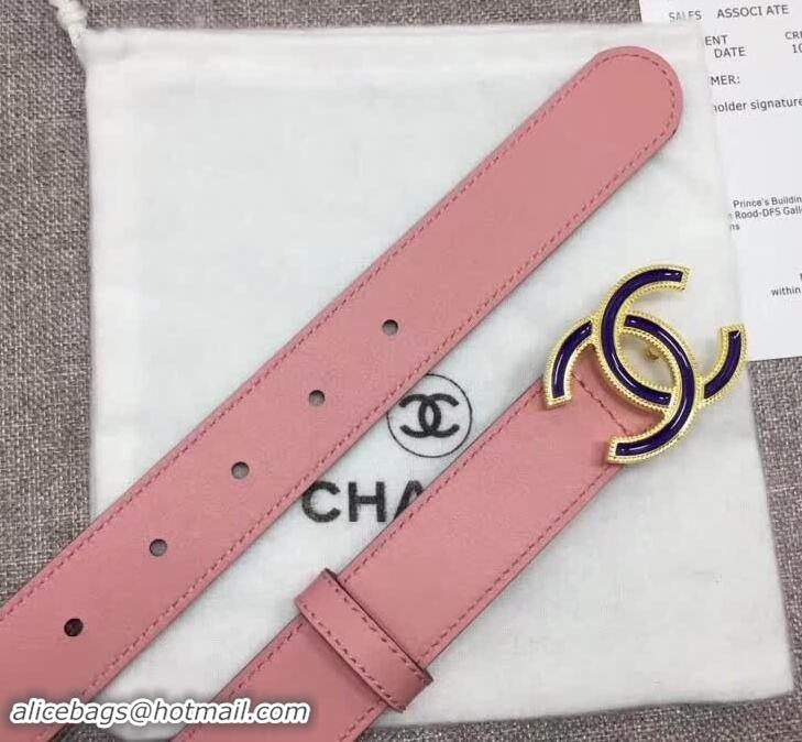 New Design Chanel Calf Leather Belt with Blue Buckle 30mm Width 550176 Pink