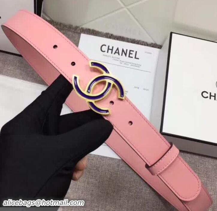 New Design Chanel Calf Leather Belt with Blue Buckle 30mm Width 550176 Pink