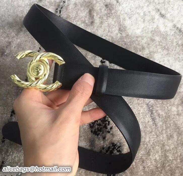 New Stylish Chanel CC Buckle Belt in Lambskin 30mm Width Black/Gold 550178