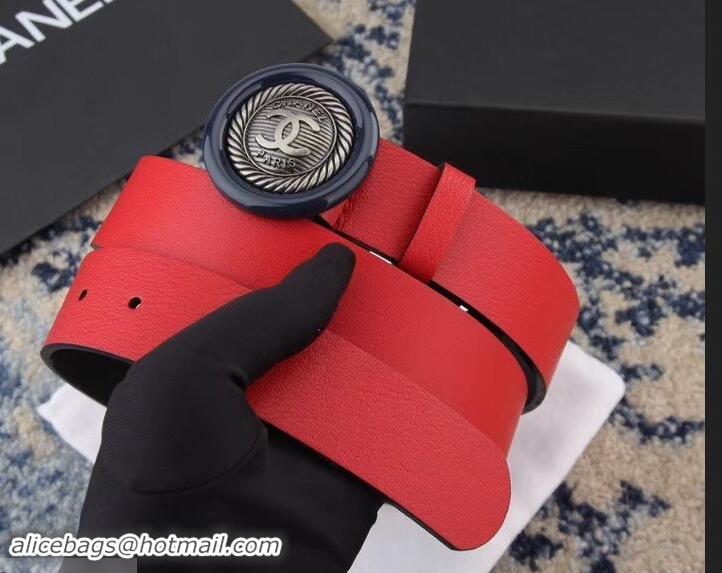 Best Product Chanel Calfskin Belt with CC Round Buckle 35MM Width 550180 Red