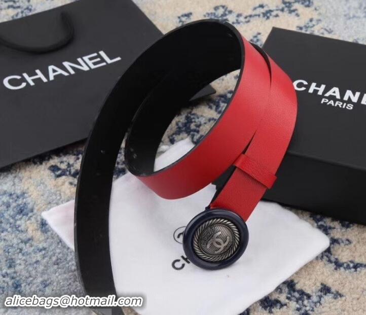 Best Product Chanel Calfskin Belt with CC Round Buckle 35MM Width 550180 Red