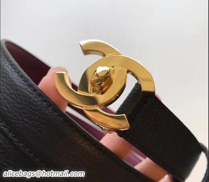 Low Price Chanel Width 2.5cm Leather Belt Black/Date Red with Golden CC Logo 550181