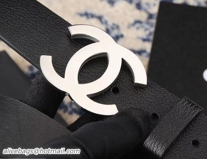 Super Chanel Width 3.5cm Leather Belt Black with Silver CC Logo 550182