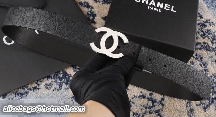 Super Chanel Width 3.5cm Leather Belt Black with Silver CC Logo 550182