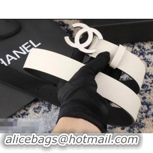 Feminine Chanel Width 3.5cm Leather Belt White/Black with Silver CC Logo 550184