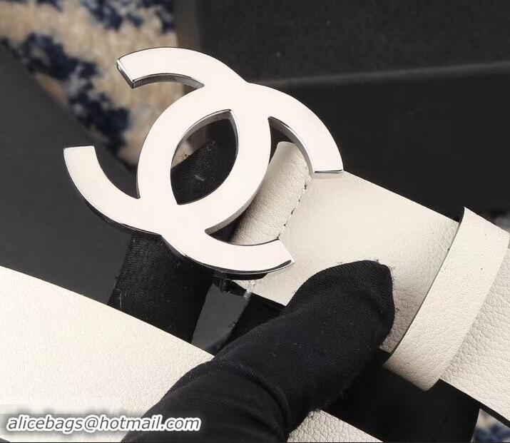 Feminine Chanel Width 3.5cm Leather Belt White/Black with Silver CC Logo 550184