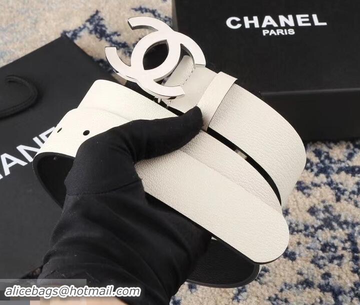 Feminine Chanel Width 3.5cm Leather Belt White/Black with Silver CC Logo 550184