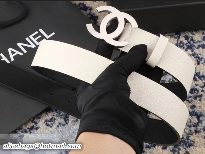 Feminine Chanel Width 3.5cm Leather Belt White/Black with Silver CC Logo 550184