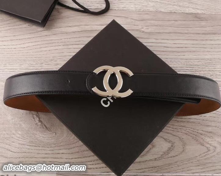 Purchase Chanel Width 3.5cm Leather Belt Black/Khaki with Silver CC Logo 550185