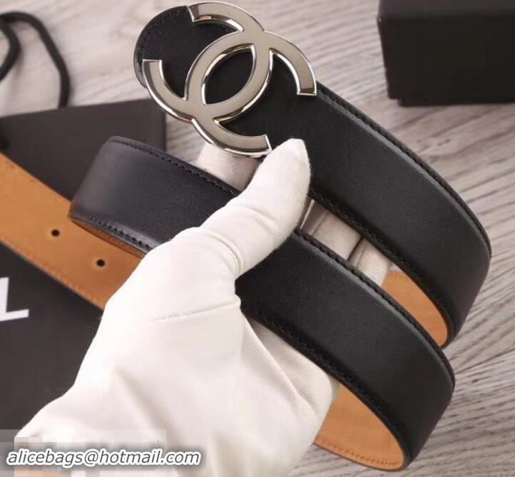 Purchase Chanel Width 3.5cm Leather Belt Black/Khaki with Silver CC Logo 550185