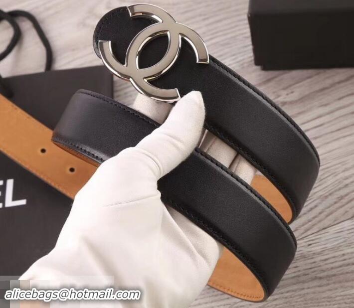 Purchase Chanel Width 3.5cm Leather Belt Black/Khaki with Silver CC Logo 550185