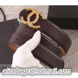 Shop Duplicate Chanel Width 3.5cm Leather Belt Burgundy/Khaki with Gold CC Logo 550186