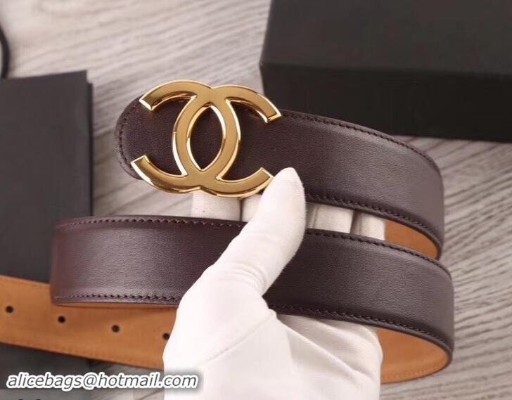 Shop Duplicate Chanel Width 3.5cm Leather Belt Burgundy/Khaki with Gold CC Logo 550186