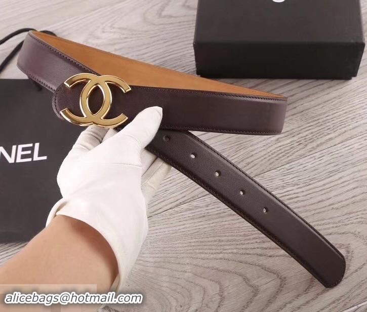 Shop Duplicate Chanel Width 3.5cm Leather Belt Burgundy/Khaki with Gold CC Logo 550186