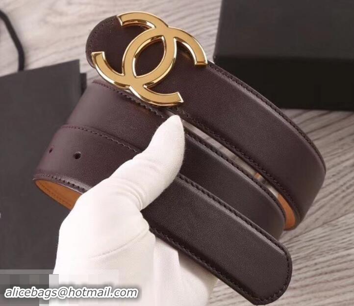 Shop Duplicate Chanel Width 3.5cm Leather Belt Burgundy/Khaki with Gold CC Logo 550186