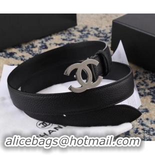 AAAAA Chanel Width 3cm Leather Belt Black with Silver CC Logo 550188