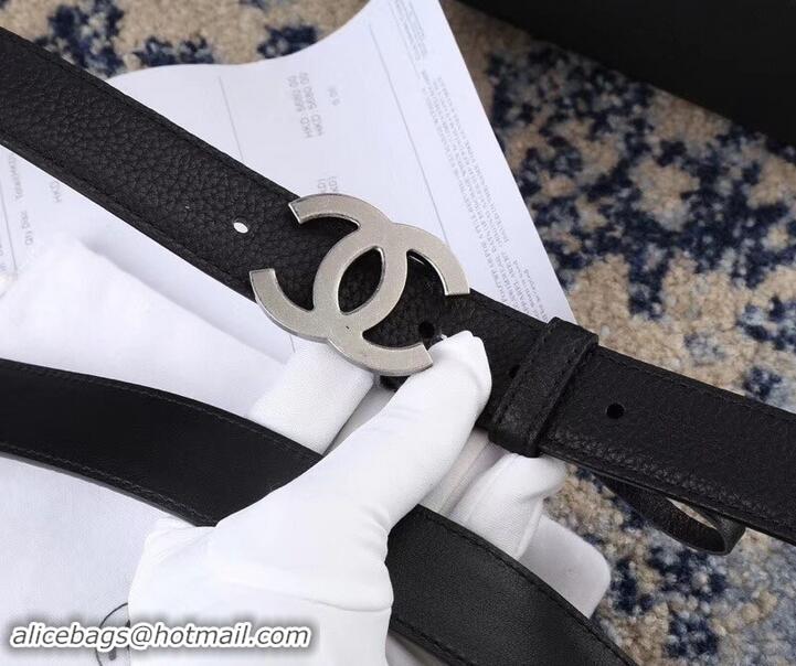 AAAAA Chanel Width 3cm Leather Belt Black with Silver CC Logo 550188