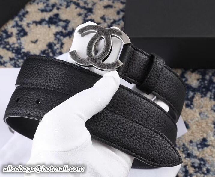 AAAAA Chanel Width 3cm Leather Belt Black with Silver CC Logo 550188