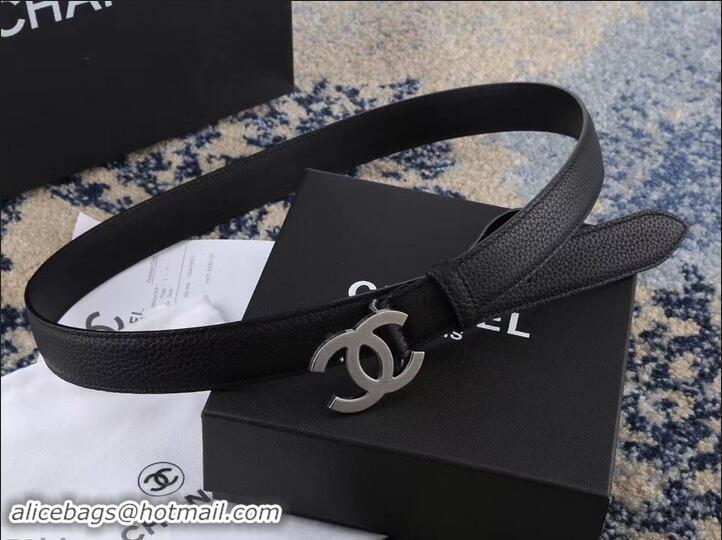 AAAAA Chanel Width 3cm Leather Belt Black with Silver CC Logo 550188