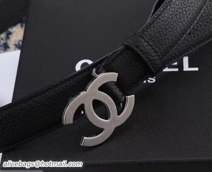 AAAAA Chanel Width 3cm Leather Belt Black with Silver CC Logo 550188