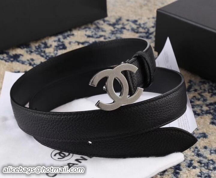 AAAAA Chanel Width 3cm Leather Belt Black with Silver CC Logo 550188