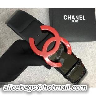 Good Looking Chanel Width 5.3cm Patent Leather Belt Black with Red CC Logo 550199