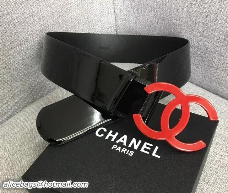 Good Looking Chanel Width 5.3cm Patent Leather Belt Black with Red CC Logo 550199