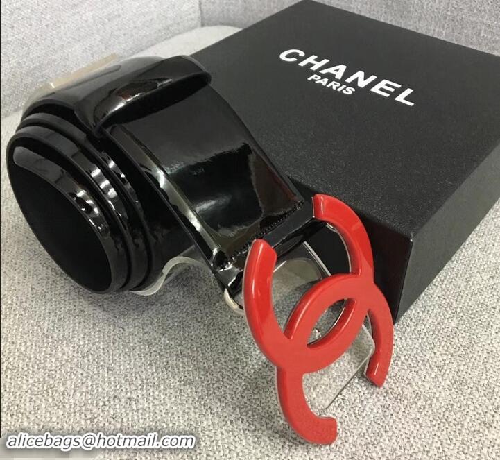 Good Looking Chanel Width 5.3cm Patent Leather Belt Black with Red CC Logo 550199