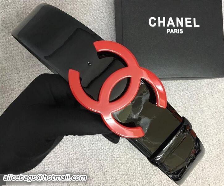 Good Looking Chanel Width 5.3cm Patent Leather Belt Black with Red CC Logo 550199