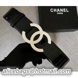 Duplicate Chanel Width 5.3cm Patent Leather Belt Black with White CC Logo 550101