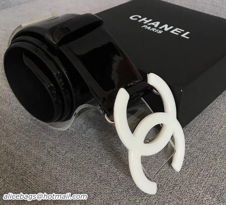 Duplicate Chanel Width 5.3cm Patent Leather Belt Black with White CC Logo 550101