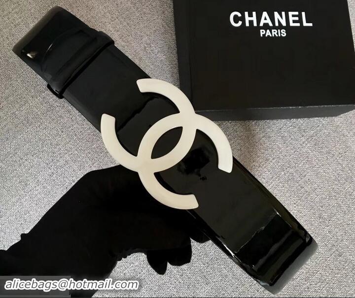 Duplicate Chanel Width 5.3cm Patent Leather Belt Black with White CC Logo 550101