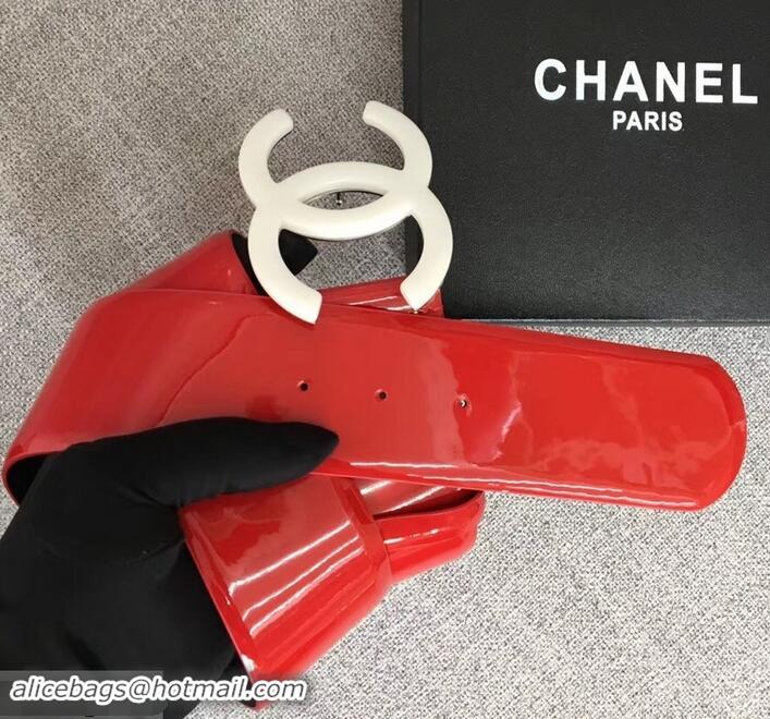 Duplicate Chanel Width 5.3cm Patent Leather Belt Red with White CC Logo 550104