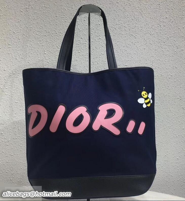 New Style Dior Bee DIOR X KAWS Shopping Tote Bag CD96206 Blue With Pink Logo 2019