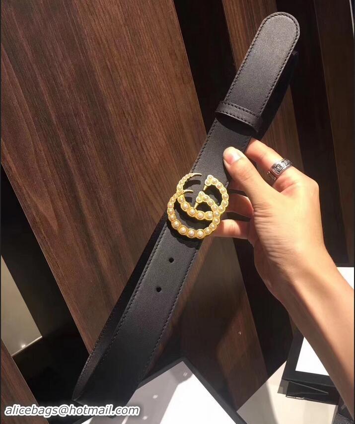 Good Quality Gucci 7cm Wide Leather Belt With Pearl Double G 906183