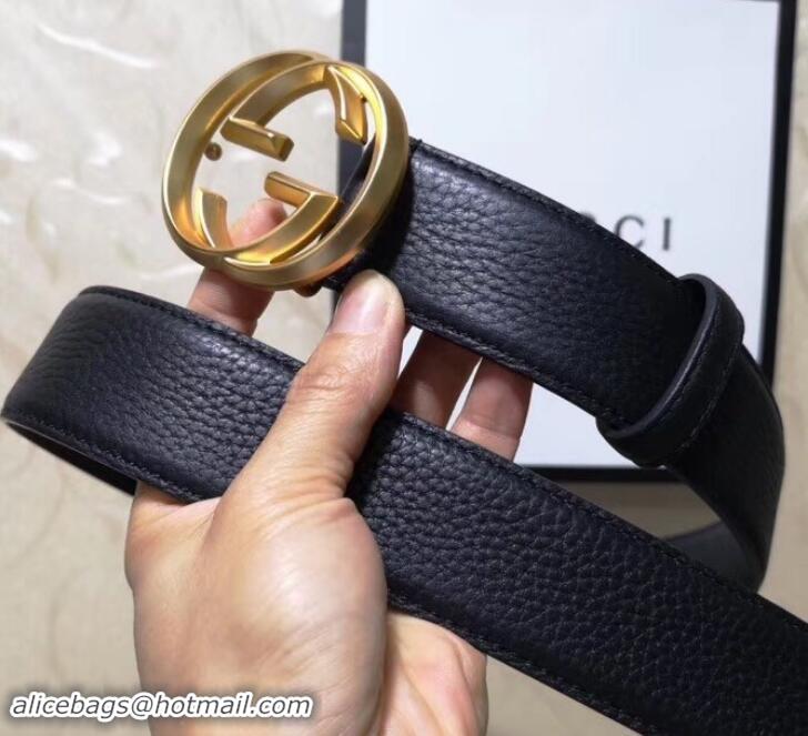 Good Quality Gucci 3.8cm Wide grained Leather Belt With gold gg buckle 906185