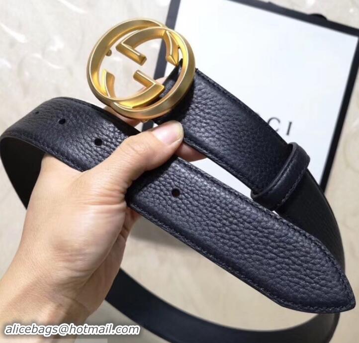 Good Quality Gucci 3.8cm Wide grained Leather Belt With gold gg buckle 906185