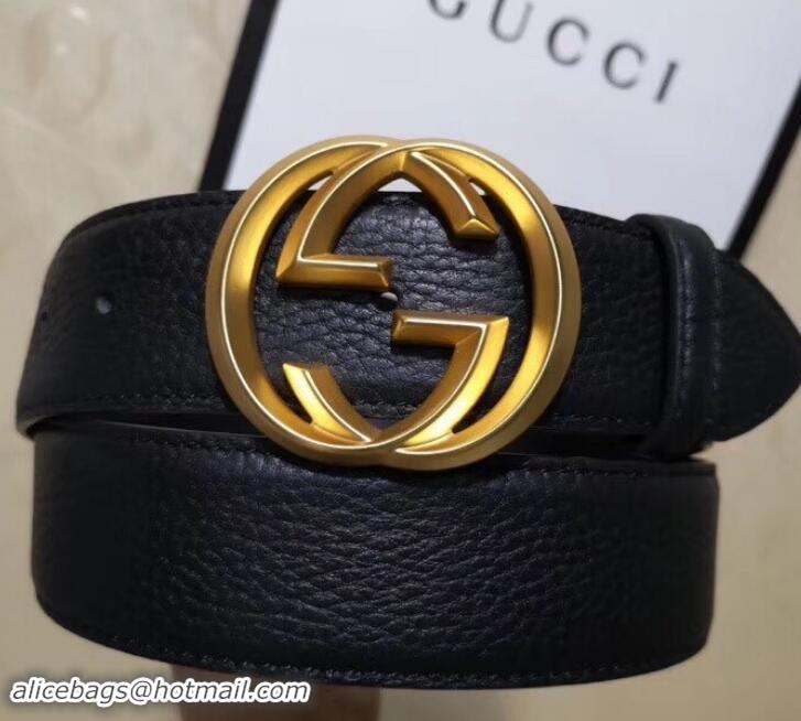 Good Quality Gucci 3.8cm Wide grained Leather Belt With gold gg buckle 906185