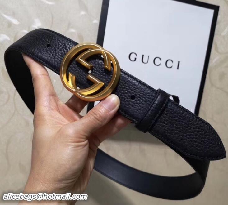 Good Quality Gucci 3.8cm Wide grained Leather Belt With gold gg buckle 906185