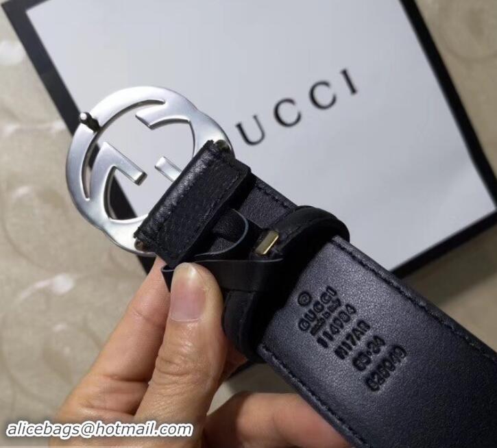 Good Looking Gucci 3.8cm Wide grained Leather Belt With silver gg buckle 906186