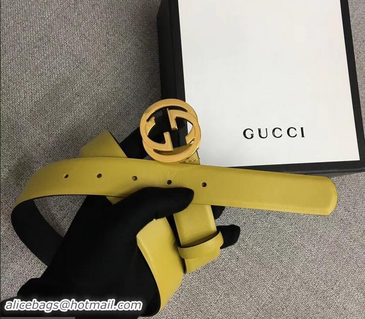 Luxury Cheap Gucci Width 3cm Leather Belt Yellow With Interlocking G Buckle 4532716