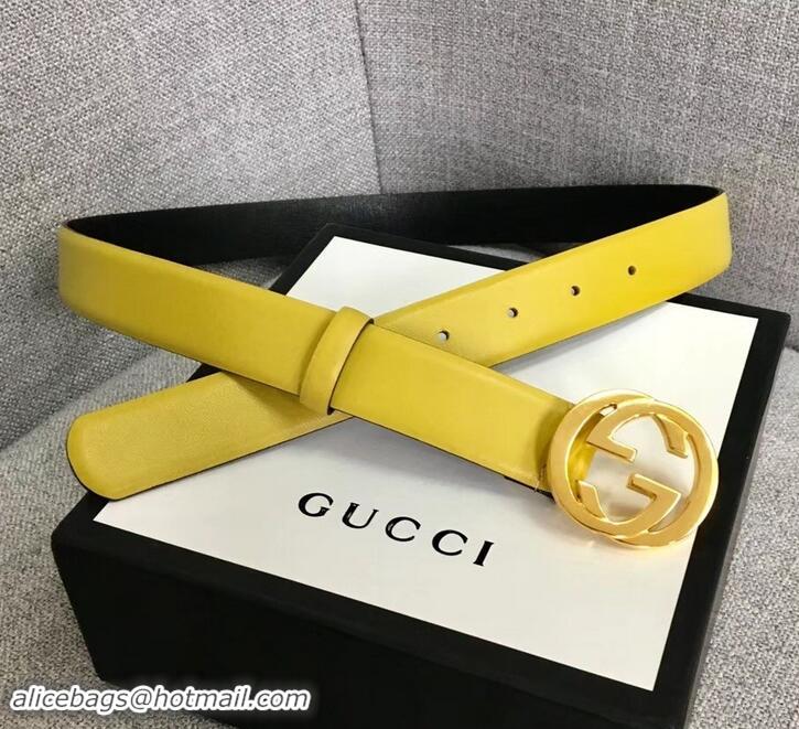 Luxury Cheap Gucci Width 3cm Leather Belt Yellow With Interlocking G Buckle 4532716