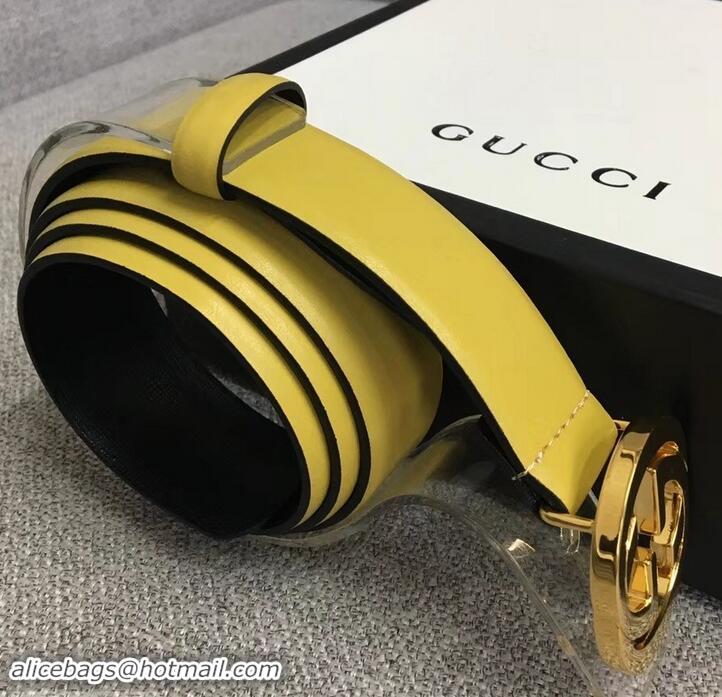 Luxury Cheap Gucci Width 3cm Leather Belt Yellow With Interlocking G Buckle 4532716