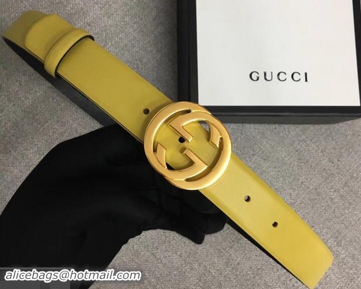 Luxury Cheap Gucci Width 3cm Leather Belt Yellow With Interlocking G Buckle 4532716