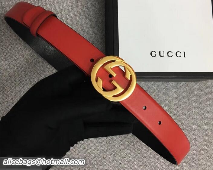 Luxury Cheap Gucci Width 3cm Leather Belt Red With Interlocking G Buckle 4532716