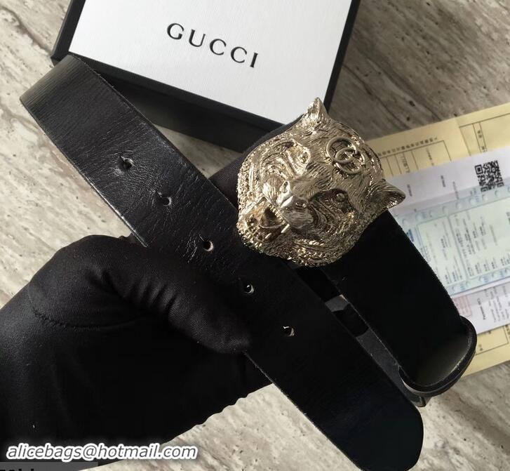 New Design Gucci Leather Belt Black With Feline Buckle 409420