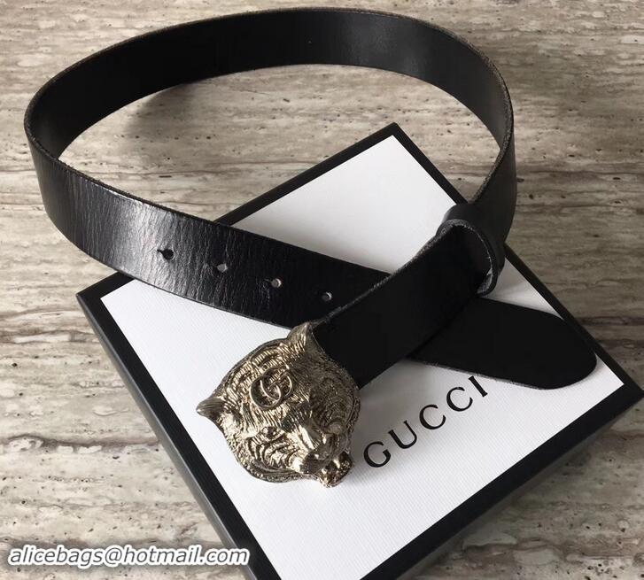 New Design Gucci Leather Belt Black With Feline Buckle 409420