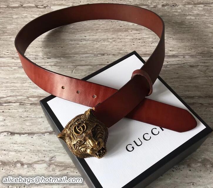 Low Cost Gucci Leather Belt Brown With Feline Buckle 409420