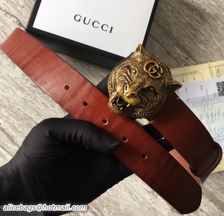 Low Cost Gucci Leather Belt Brown With Feline Buckle 409420