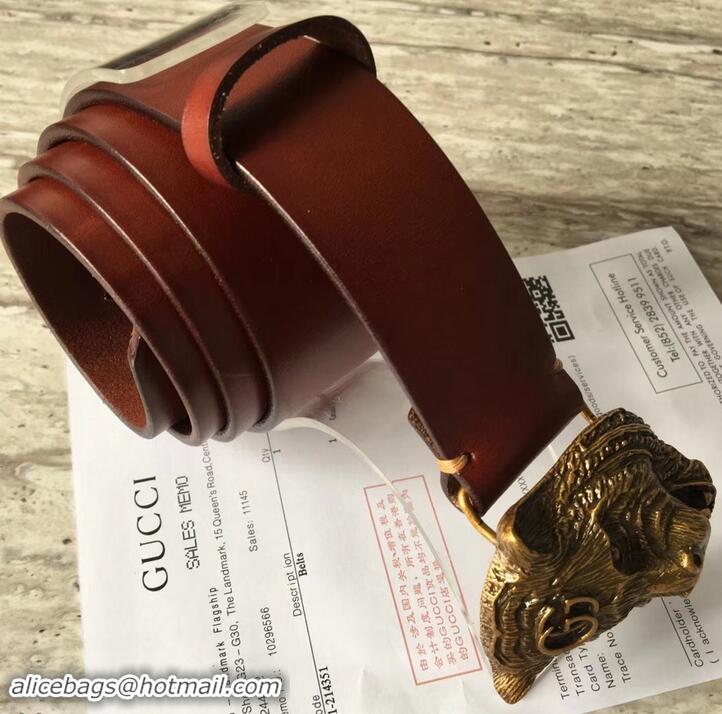 Low Cost Gucci Leather Belt Brown With Feline Buckle 409420